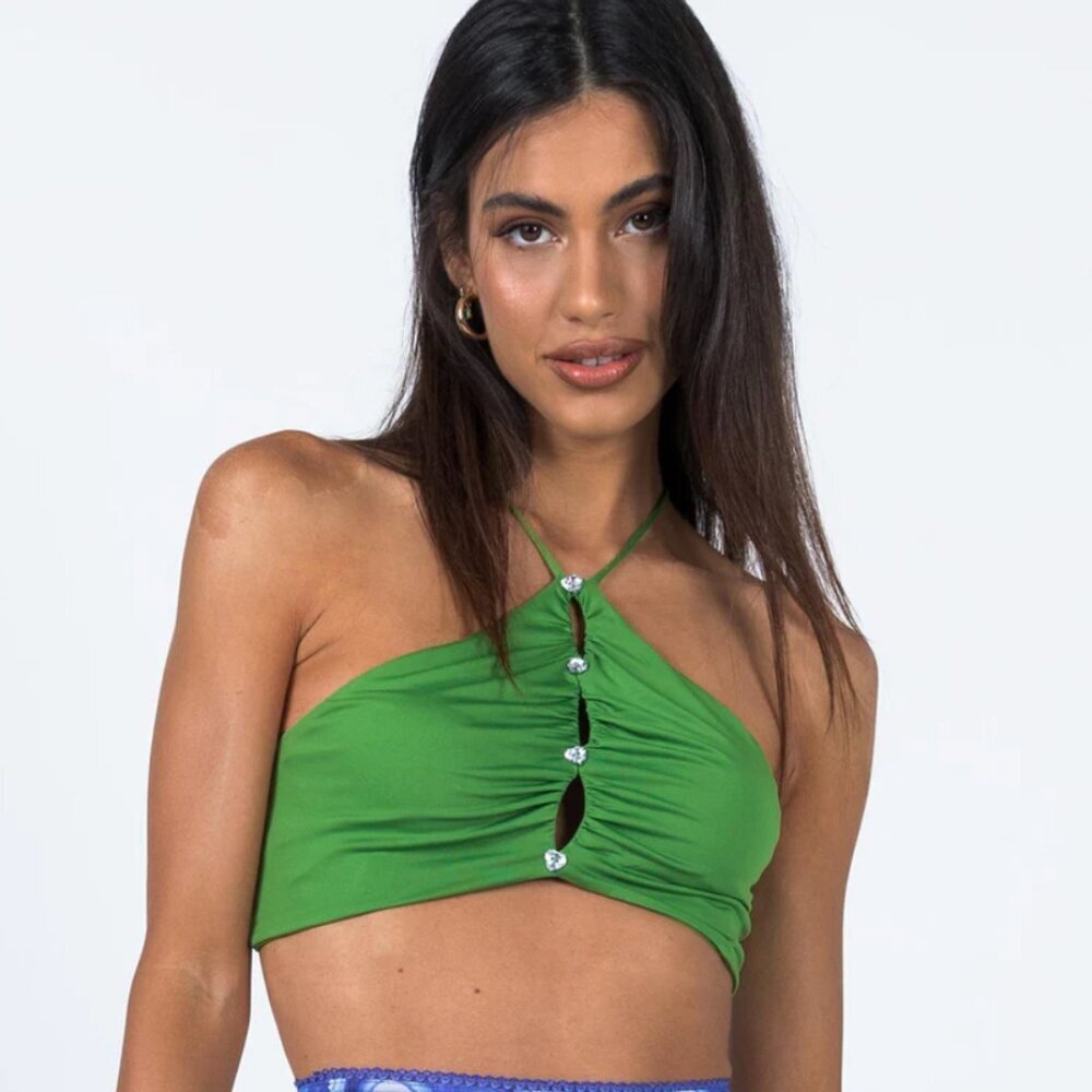 Nwt Princess Polly Jalen Vibrant Green Gathered Halter Top W Heart Jewel Buttons